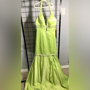 May Queen lime green beaded halter mermaid gown w/removable skirt NWT